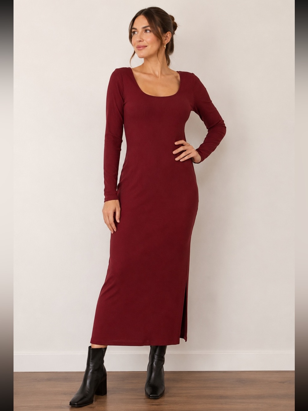 Wild Fable Red Ribbed Long Sleeve Maxi Dress Scoop Neck Side Slit Large‎ NEW